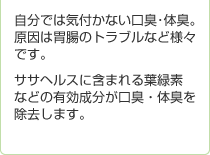 自分では気付かない口臭･体臭。原因は胃腸のトラブルなど様々です。ササヘルスに含まれる葉緑素などの有効成分が口臭・体臭を除去します。